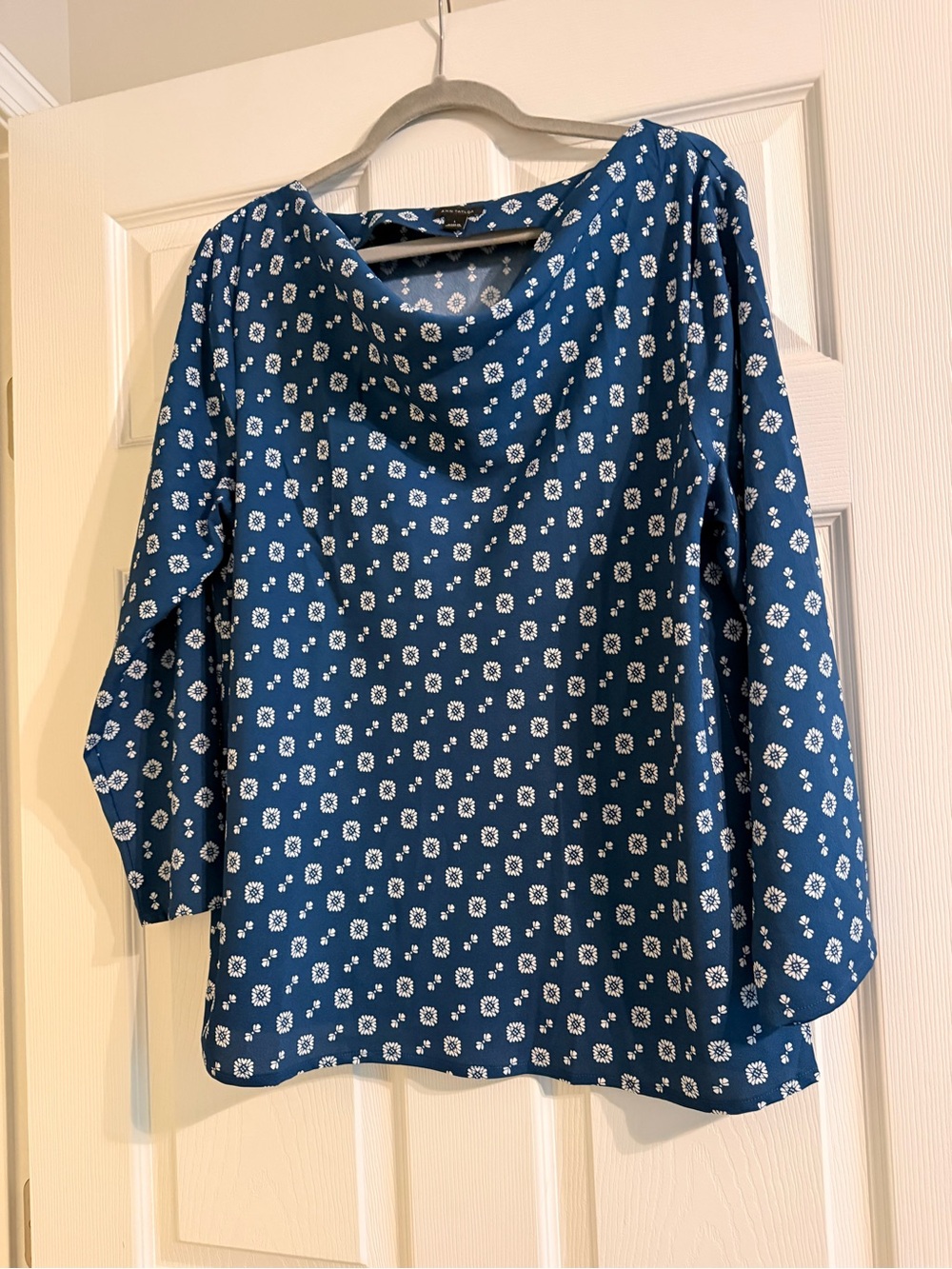 Ann Taylor Blue Ditsy Floral Draped Neck Blouse